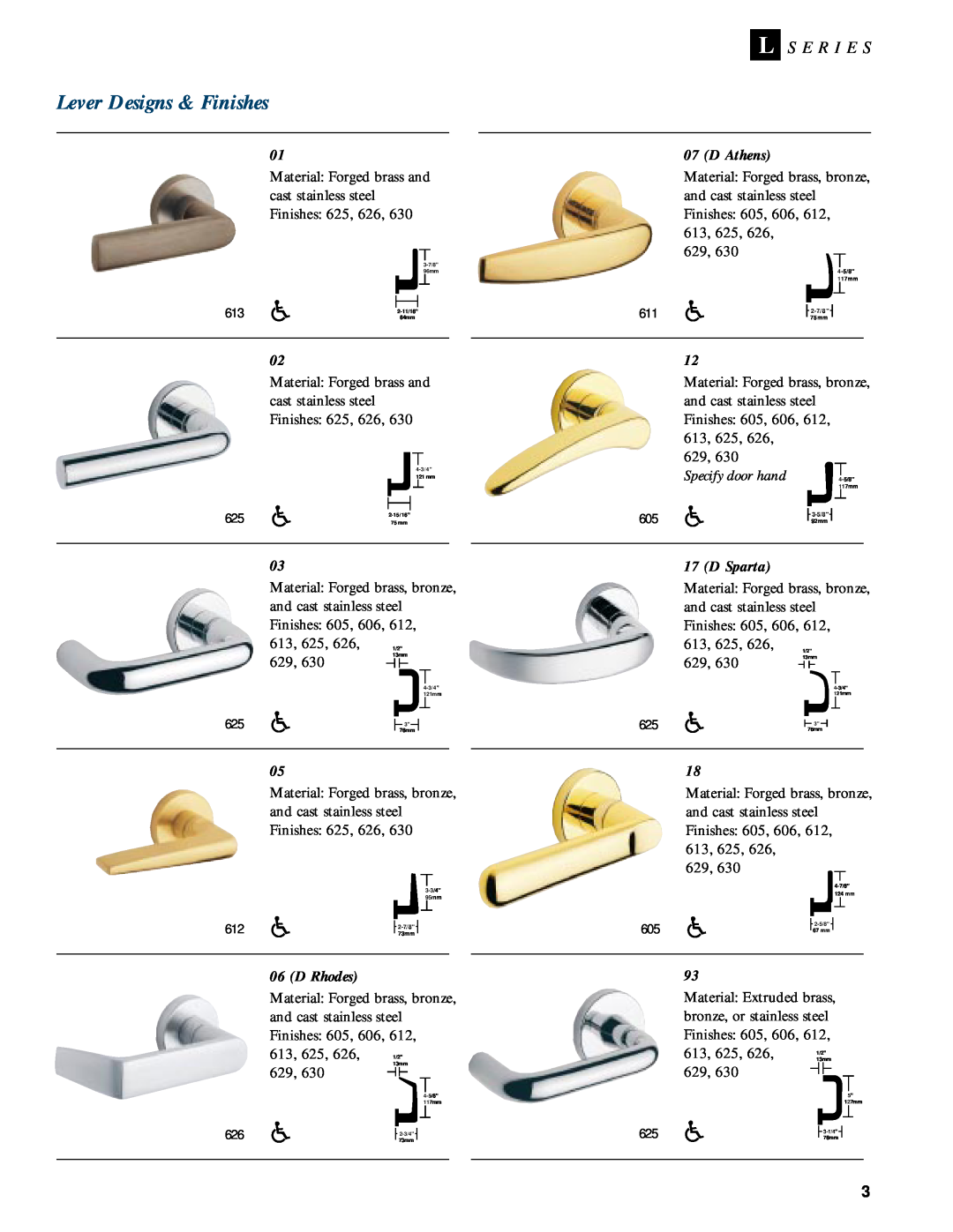Schlage L-SERIES manual Lever Designs & Finishes, L S E R I E S, D Athens, Specify door hand, D Sparta, D Rhodes 