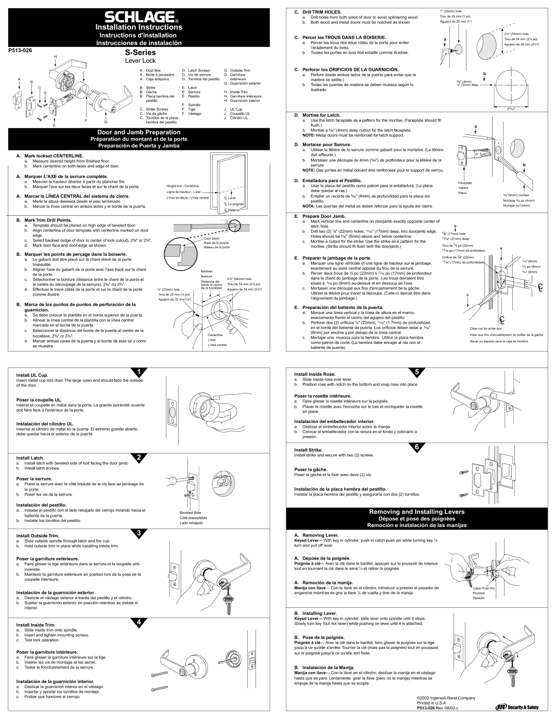 Schlage P513-026 installation instructions Drill Trim Holes, Percer les Trous Dans LA Boiserie, Mark lockset Centerline 