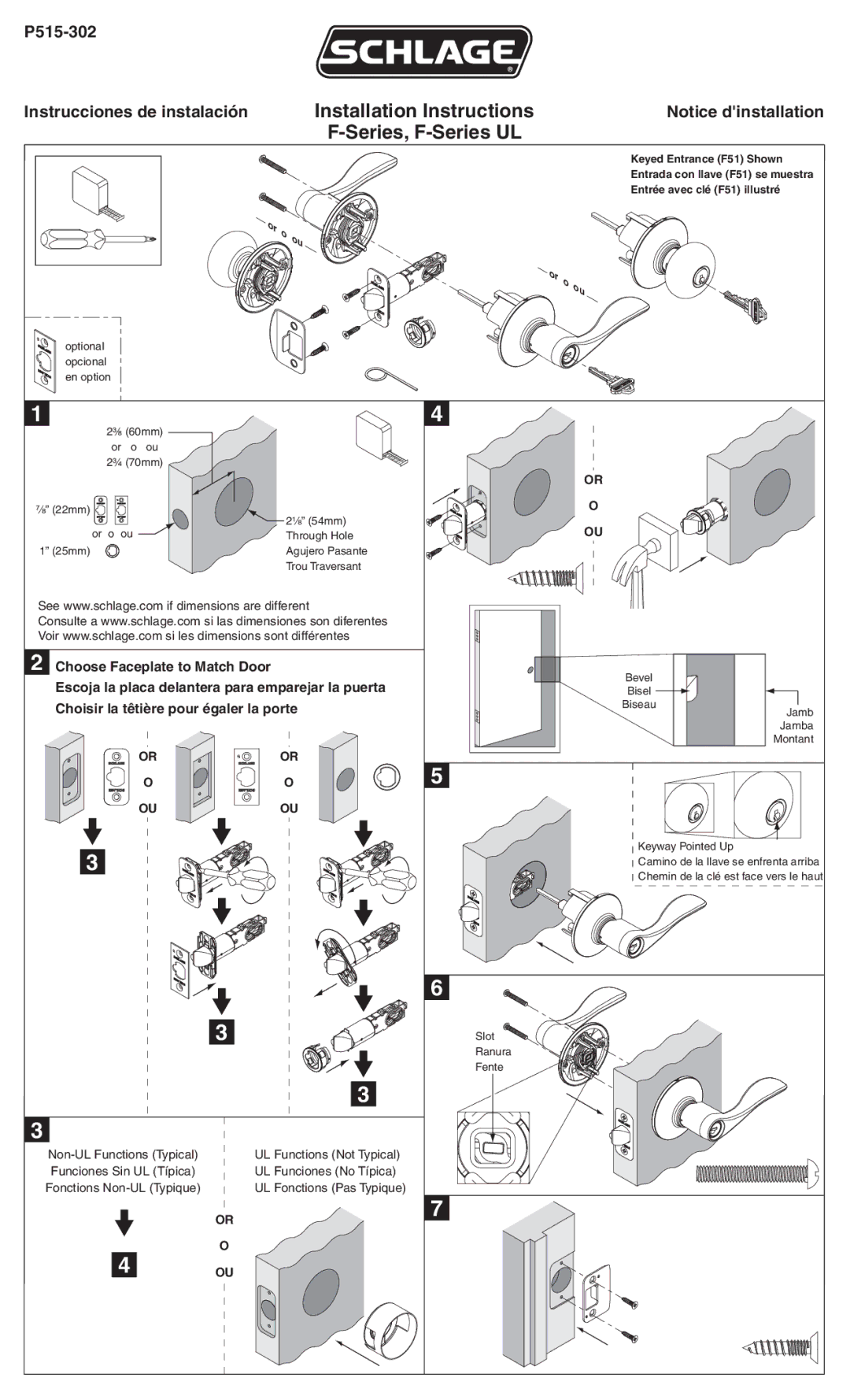 Schlage P515-302 installation instructions Installation Instructions Series, F-Series UL, Ouou, UL Functions Not Typical 