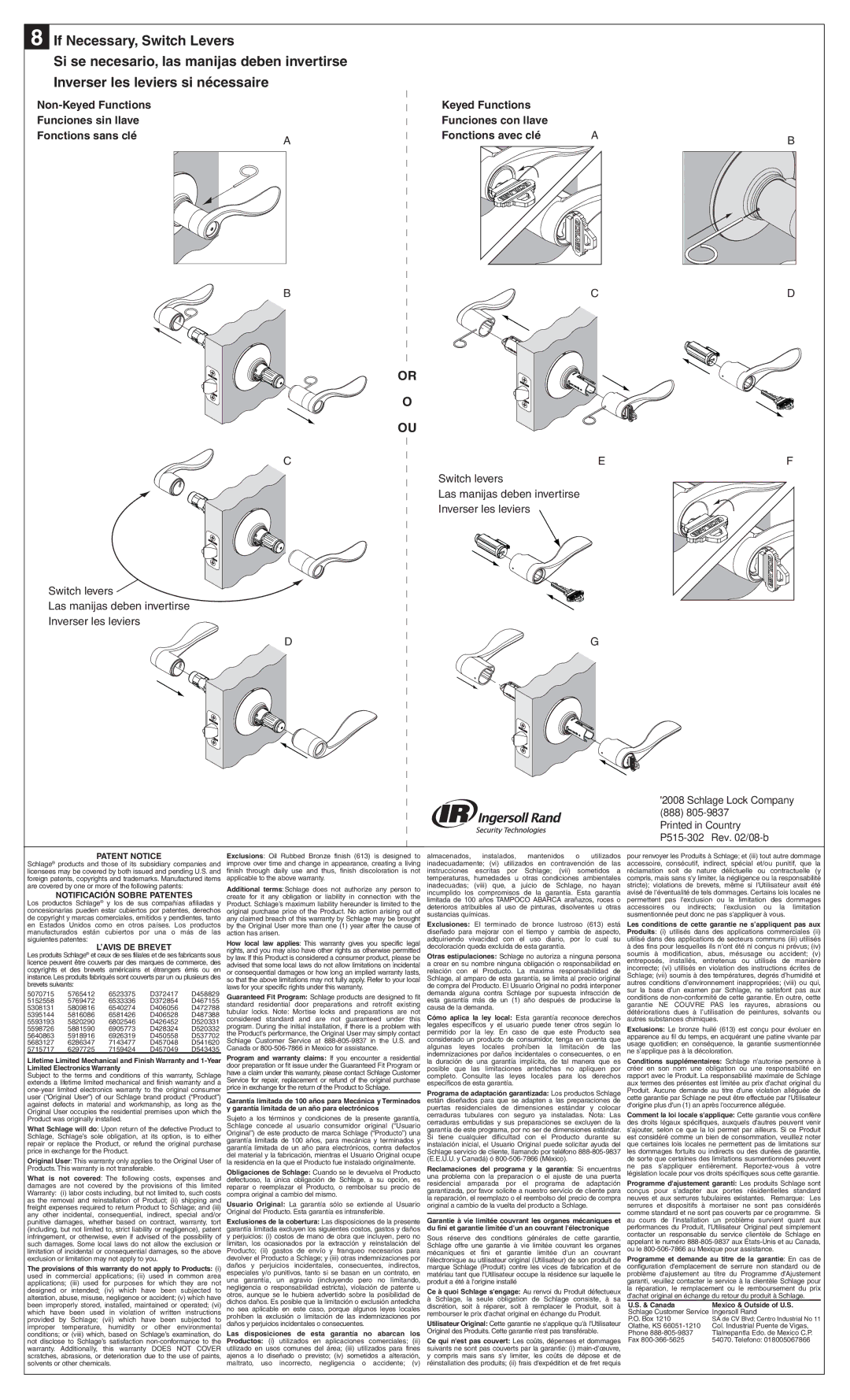 Schlage Cef, Schlage Lock Company 888 P515-302 Rev /08-b, Patent Notice, Notificación Sobre Patentes, ’AVIS DE Brevet 