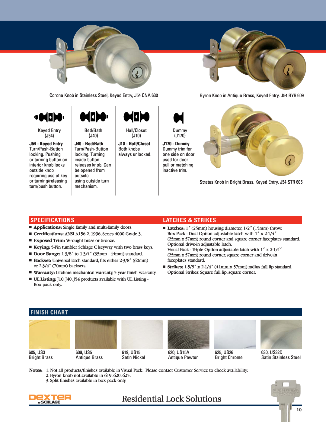 Schlage manual Residential Lock Solutions, Specifications, Latches & Strikes, Finish Chart 