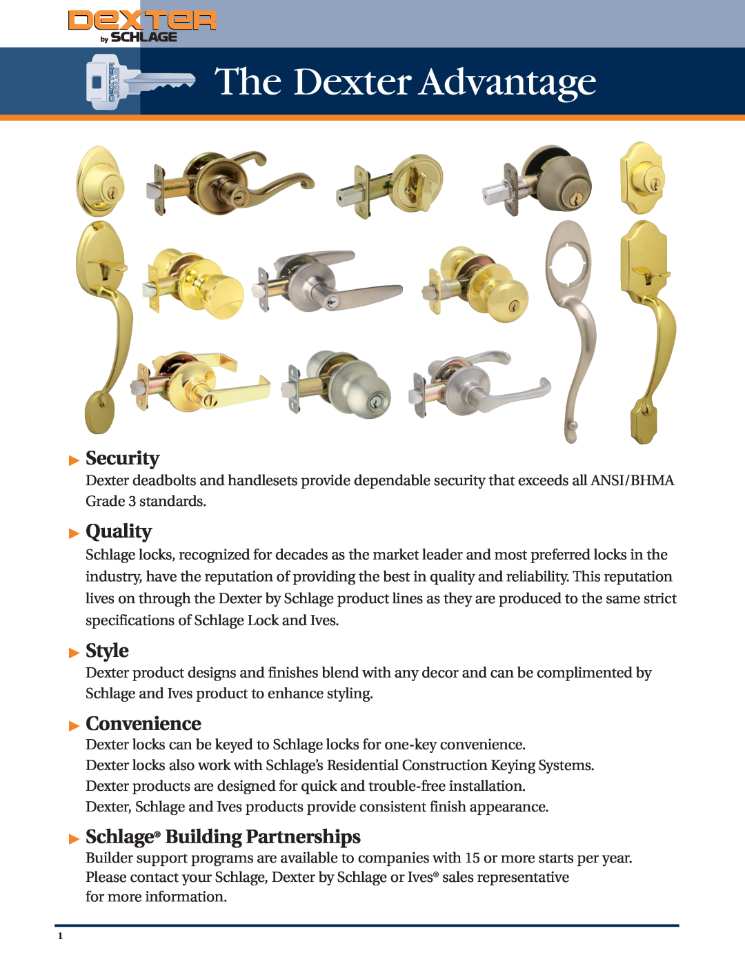 Schlage Residential Lock manual The Dexter Advantage, Security, Quality, Style, Convenience, Schlage Building Partnerships 