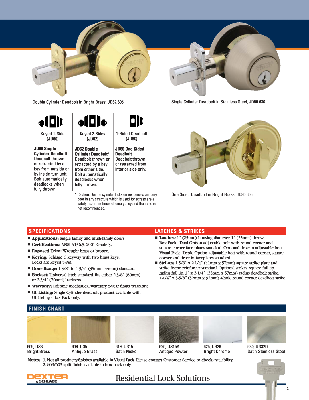 Schlage manual Residential Lock Solutions, Specifications, Finish Chart, Latches & Strikes 