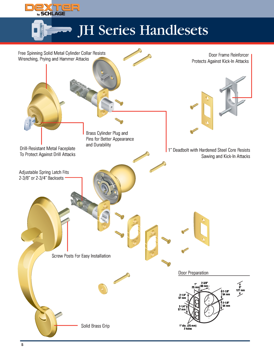 Schlage Residential Lock manual JH Series Handlesets, Door Frame Reinforcer, and Durability Drill-Resistant Metal Faceplate 