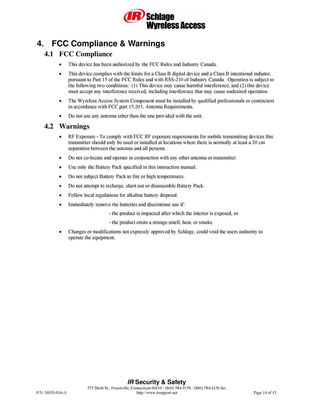 Schlage RS485 manual FCC Compliance & Warnings 