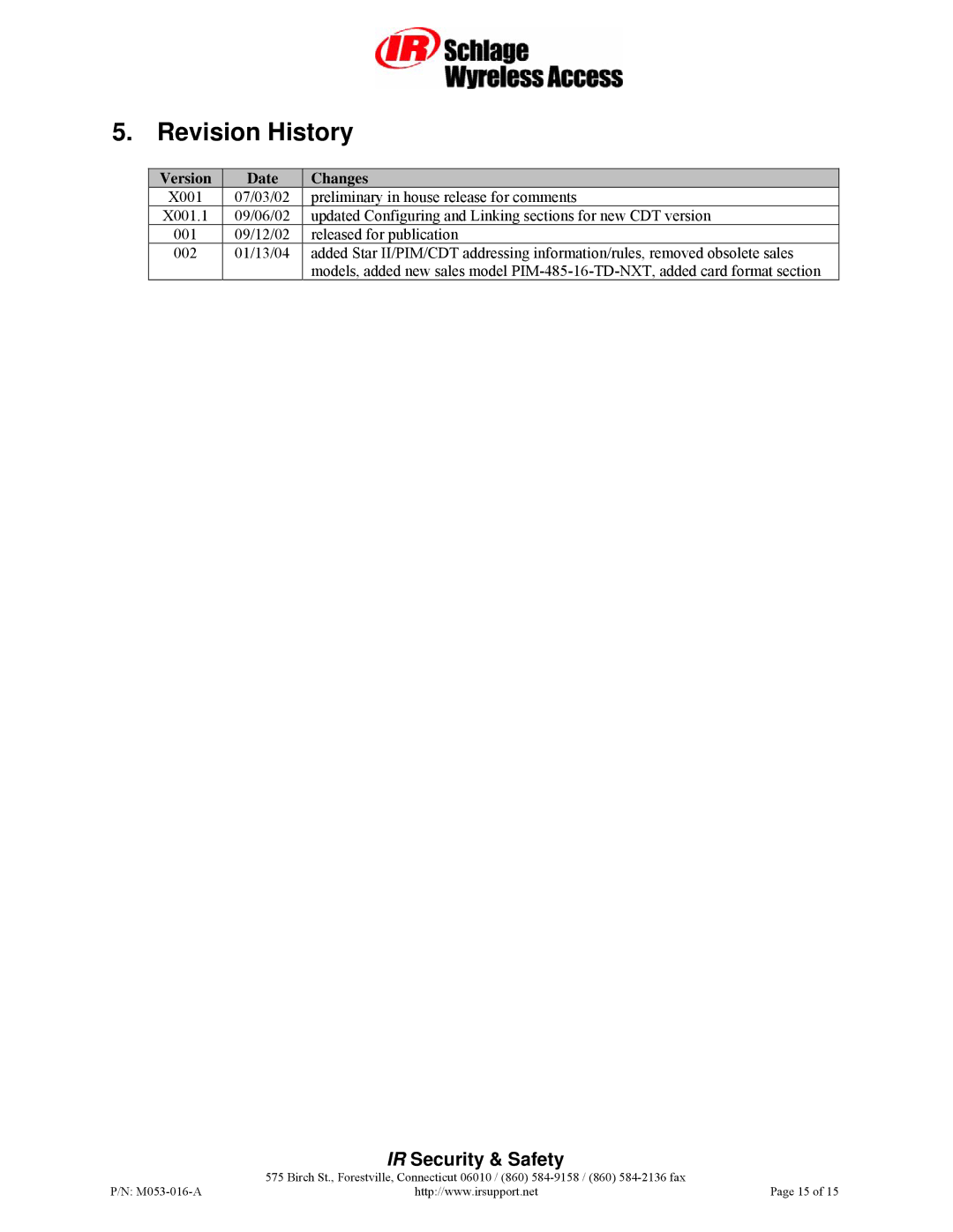 Schlage RS485 manual Revision History, Version Date Changes 