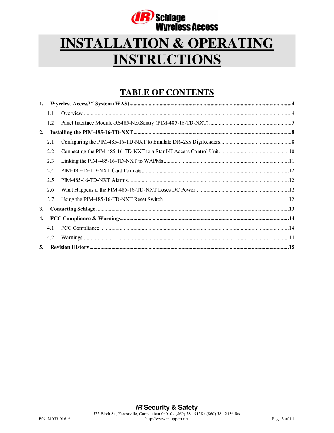 Schlage RS485 manual Installation & Operating Instructions 