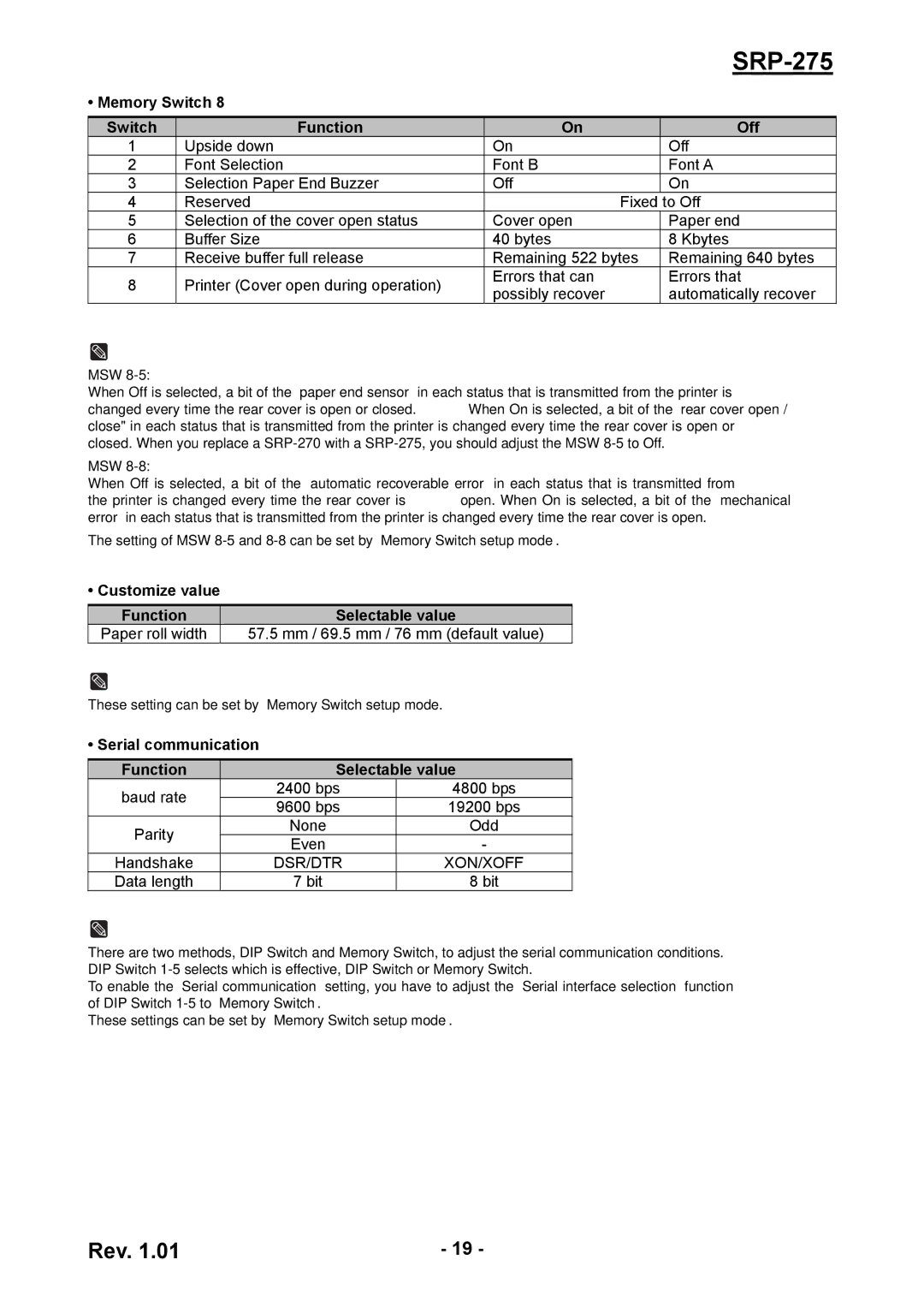 Schlage SRP-275 user manual Customize value Function Selectable value, Serial communication Function Selectable value 