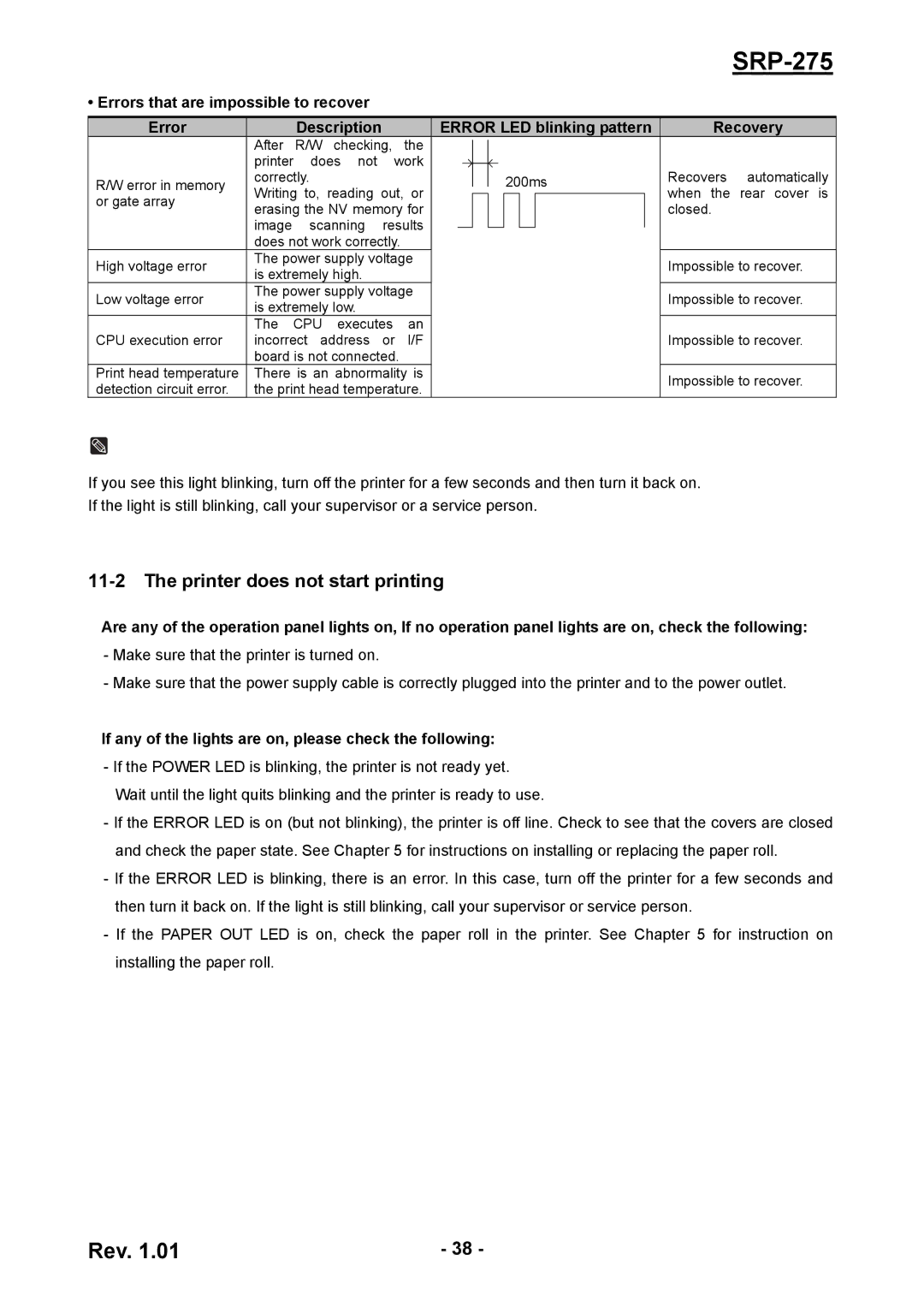 Schlage SRP-275 user manual Printer does not start printing, If any of the lights are on, please check the following 