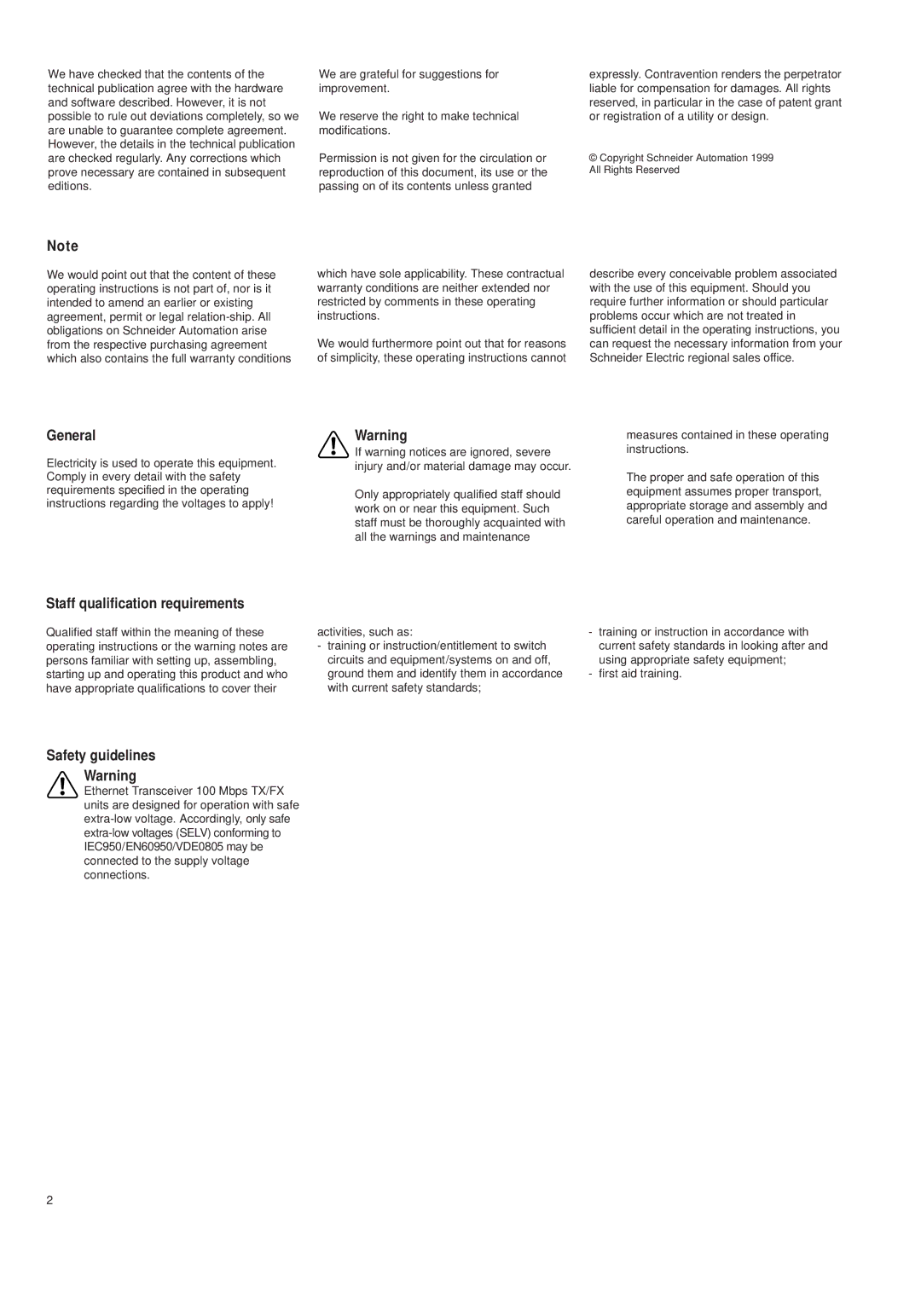 Schneider Electric 100BASE-TX, 100BASE-FX specifications General, Staff qualification requirements, Safety guidelines 