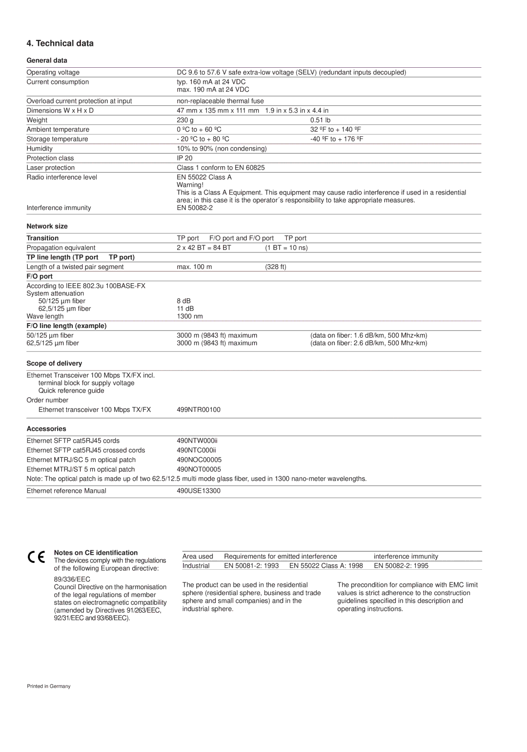 Schneider Electric 100BASE-TX Technical data General data, Network size Transition, TP line length TP port ↔ TP port, Port 