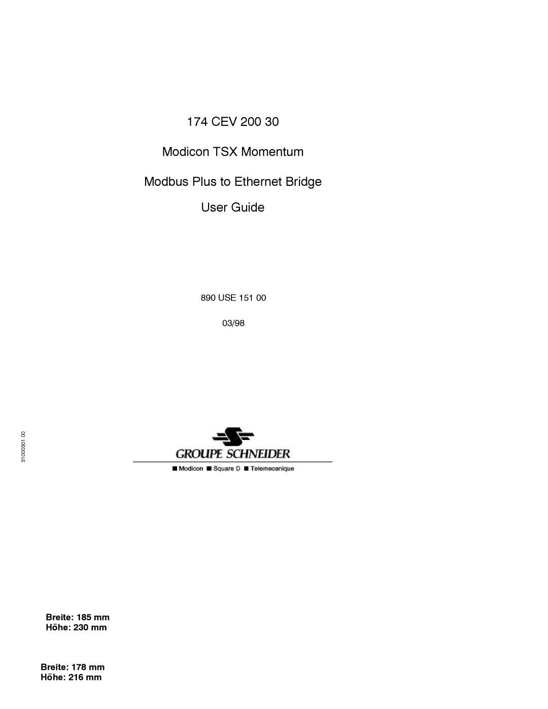 Schneider Electric 174 CEV manual Breite 185 mm Höhe 230 mm Breite 178 mm Höhe 216 mm 