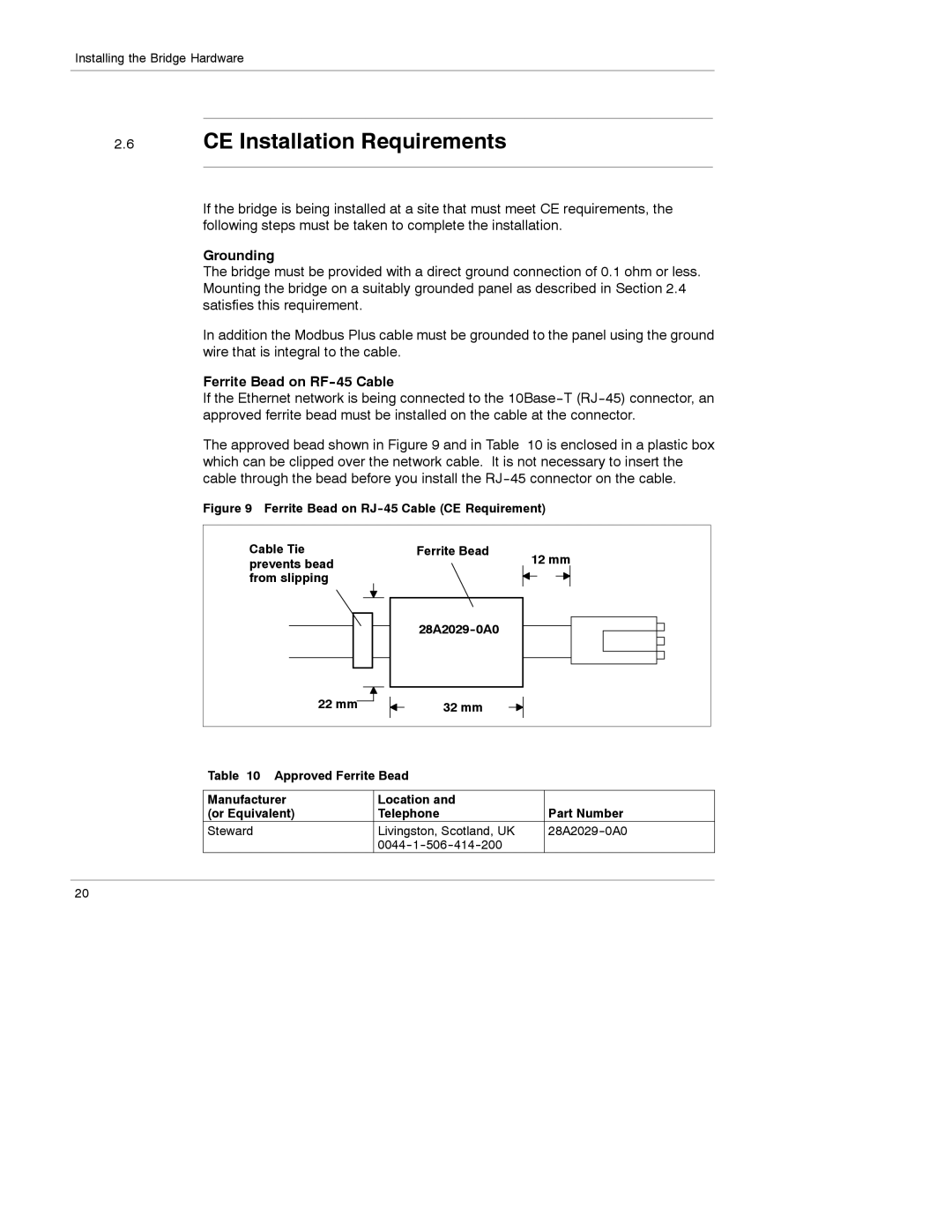 Schneider Electric 174 CEV manual CE Installation Requirements, Grounding, Ferrite Bead on RF-45 Cable 