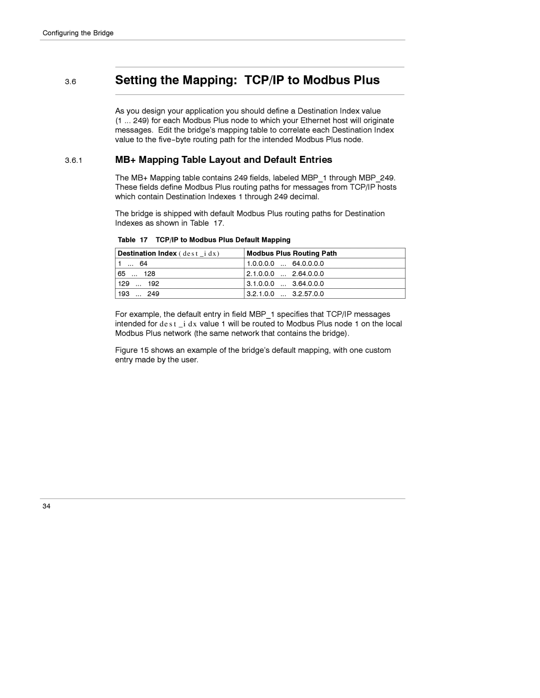 Schneider Electric 174 CEV manual Setting the Mapping TCP/IP to Modbus Plus, 1 MB+ Mapping Table Layout and Default Entries 