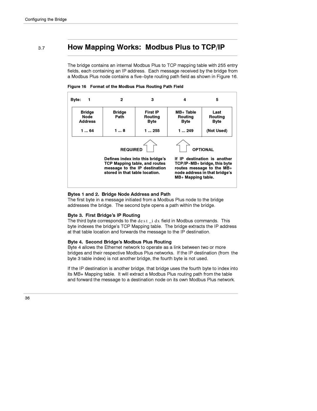 Schneider Electric 174 CEV manual How Mapping Works Modbus Plus to TCP/IP, Bytes 1 and 2. Bridge Node Address and Path 