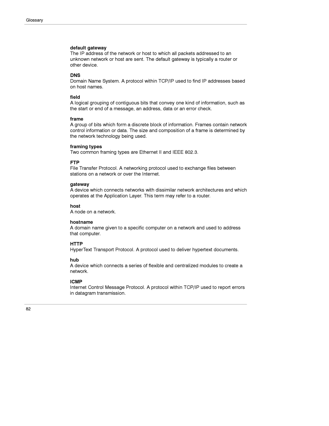 Schneider Electric 174 CEV manual Default gateway, Field, Frame, Framing types, Gateway, Hostname, Hub 