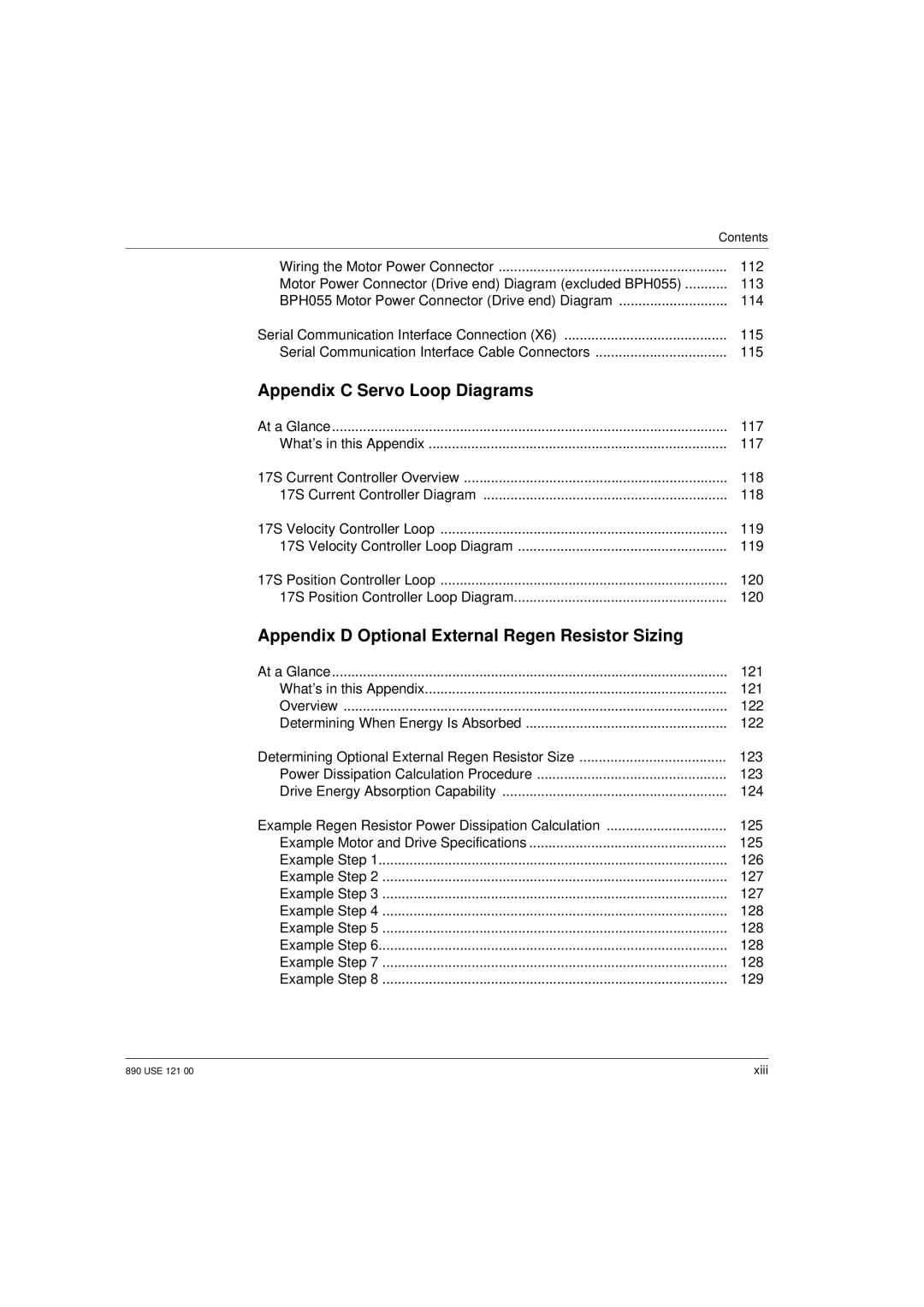 Schneider Electric 17S Series Appendix C Servo Loop Diagrams, Appendix D Optional External Regen Resistor Sizing, 123, 125 