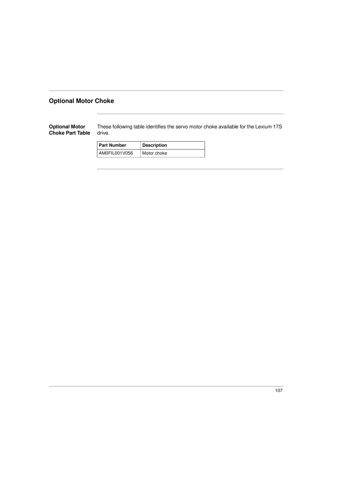 Schneider Electric 17S Series manual Optional Motor Choke, Choke Part Table 