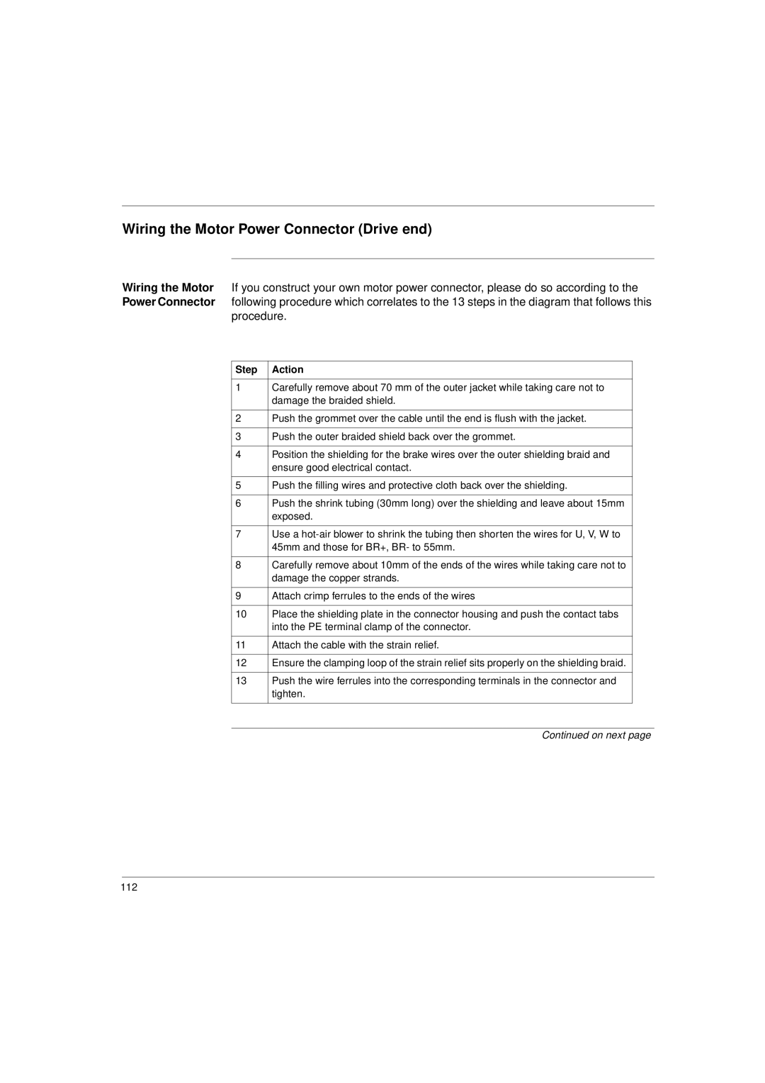 Schneider Electric 17S Series manual Wiring the Motor Power Connector Drive end, Procedure 