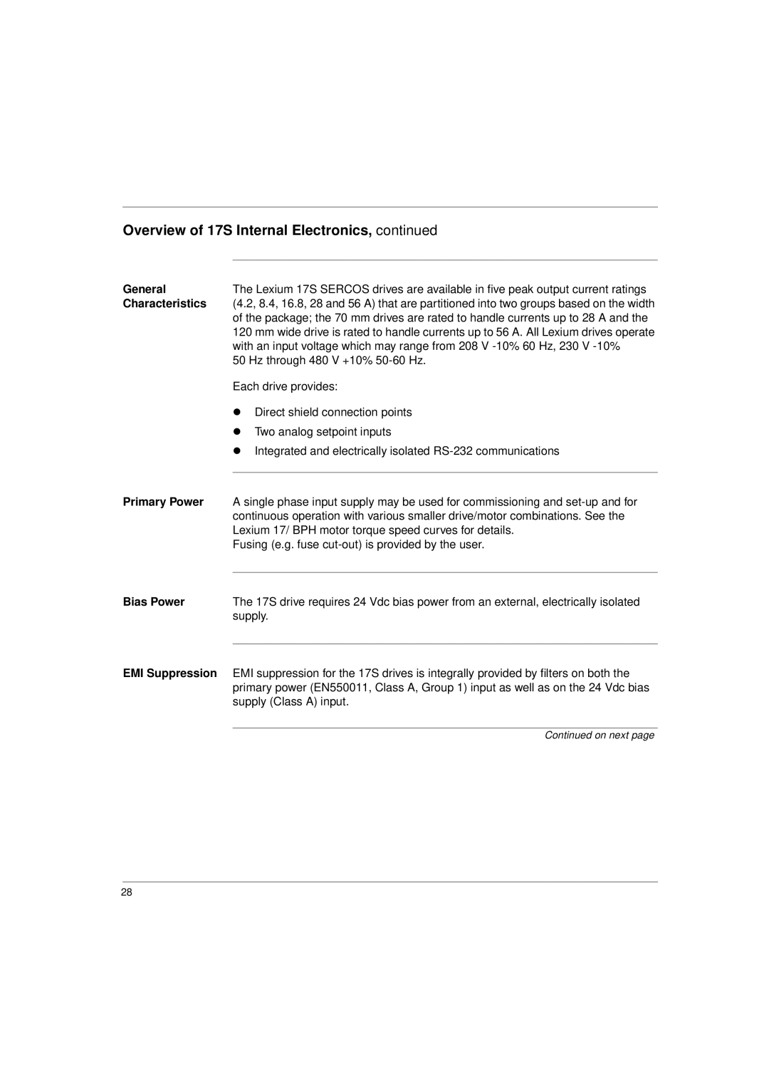 Schneider Electric 17S Series manual General, Characteristics, Primary Power, Bias Power, EMI Suppression 