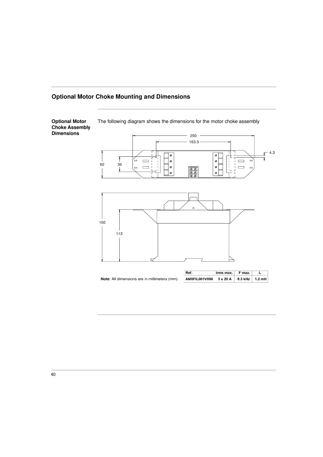 Schneider Electric 17S Series manual Optional Motor Choke Mounting and Dimensions, Choke Assembly Dimensions 