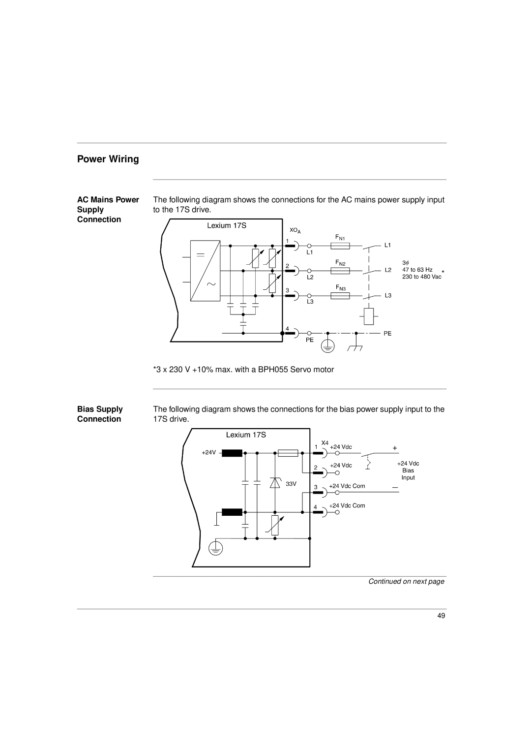 Schneider Electric 17S Series Power Wiring, Supply To the 17S drive Connection, 230 V +10% max. with a BPH055 Servo motor 