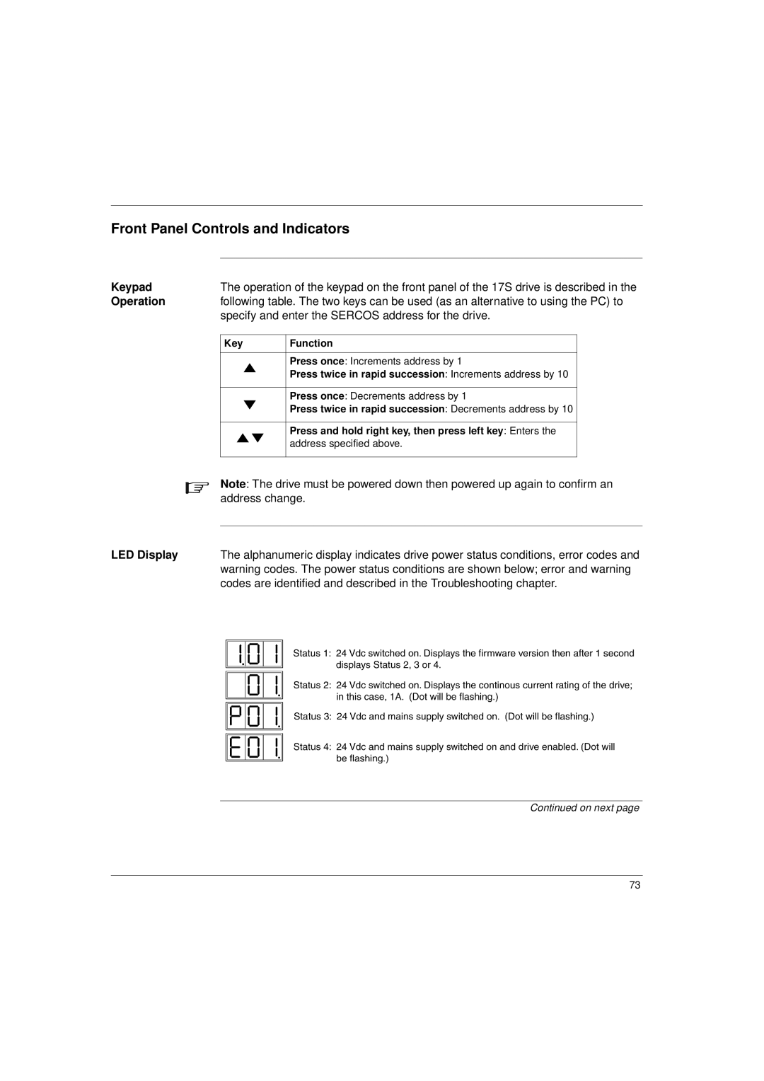 Schneider Electric 17S Series manual Front Panel Controls and Indicators, Operation, LED Display, Address change 