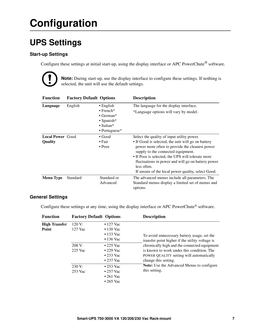 Schneider Electric 120, 230 VAC, 208 operation manual Configuration, UPS Settings, Start-up Settings, General Settings 