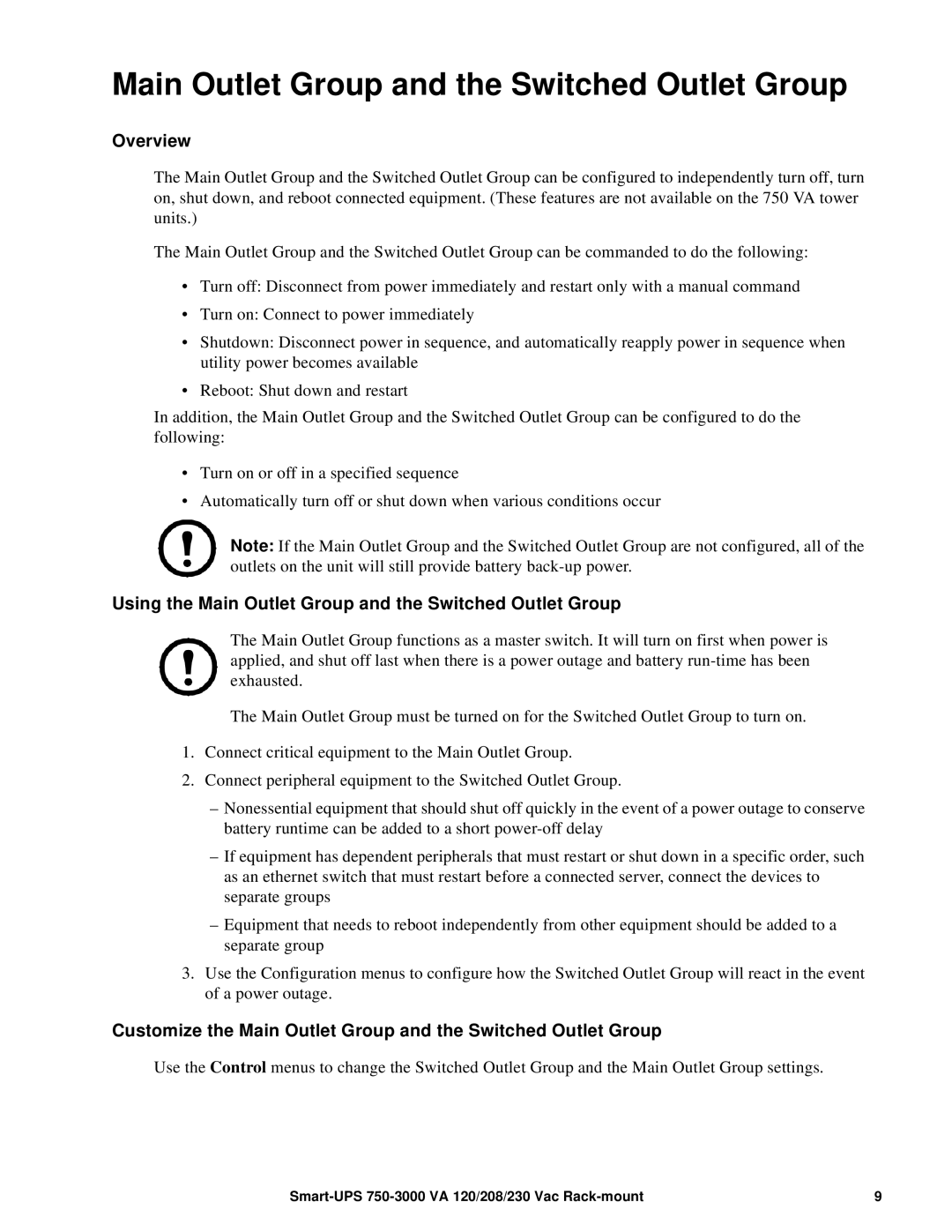 Schneider Electric 230 VAC, 120, 208 operation manual Main Outlet Group and the Switched Outlet Group 