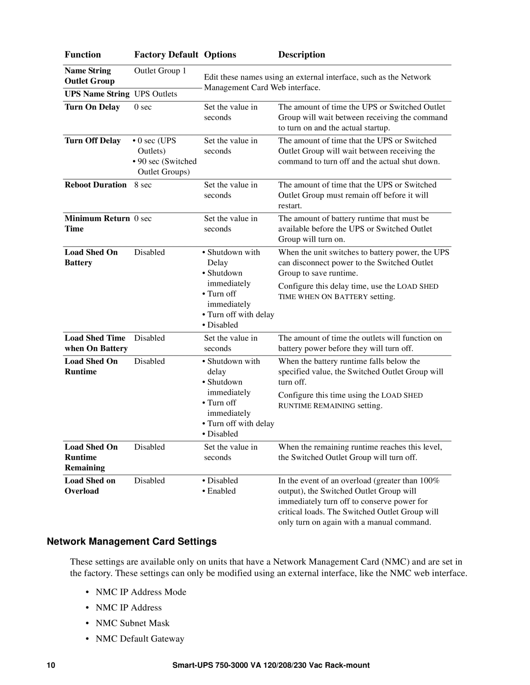 Schneider Electric 120, 230 VAC, 208 operation manual Network Management Card Settings 