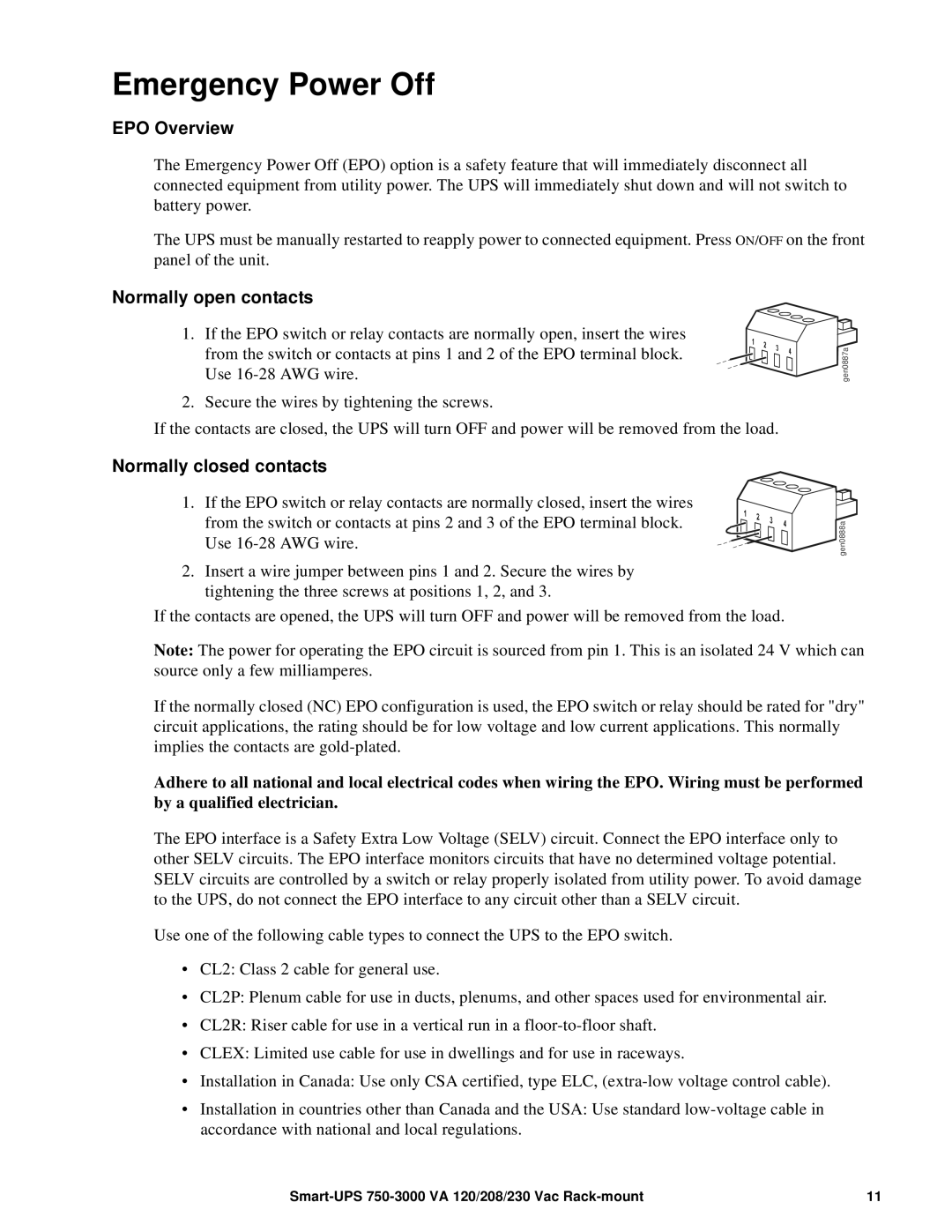 Schneider Electric 208, 230 VAC, 120 Emergency Power Off, EPO Overview, Normally open contacts, Normally closed contacts 