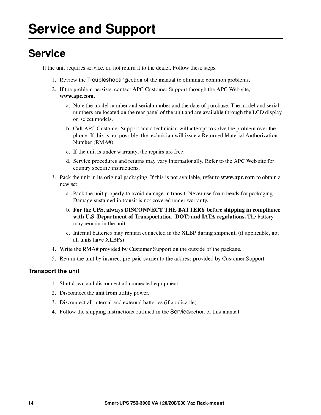 Schneider Electric 208, 230 VAC, 120 operation manual Service and Support, Transport the unit 