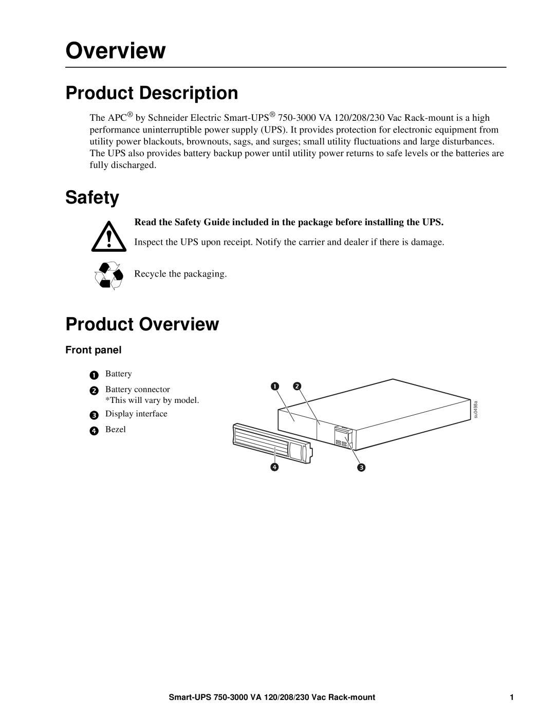 Schneider Electric 120, 230 VAC, 208 operation manual Product Description, Safety, Product Overview, Front panel 