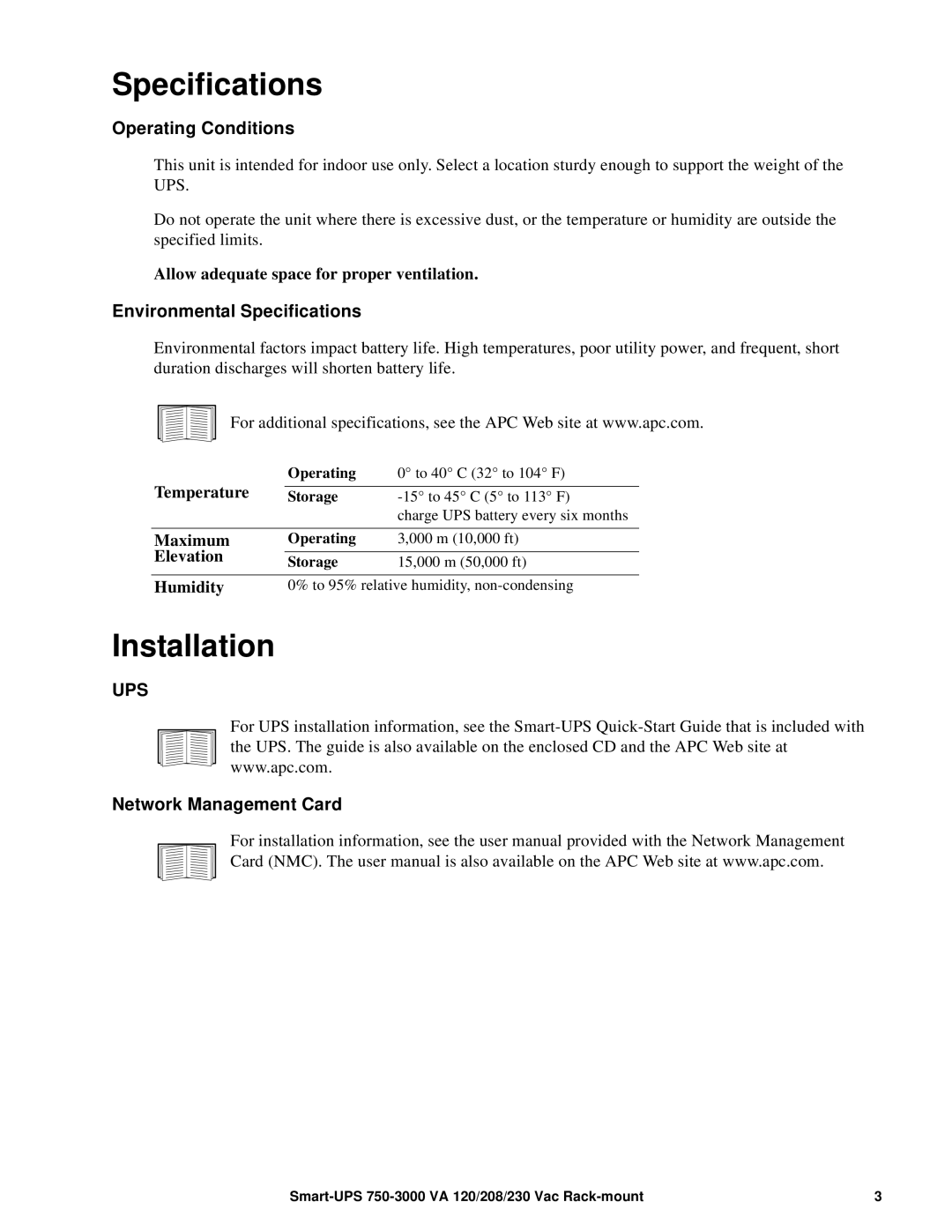 Schneider Electric 230 VAC Installation, Operating Conditions, Environmental Specifications, Network Management Card 