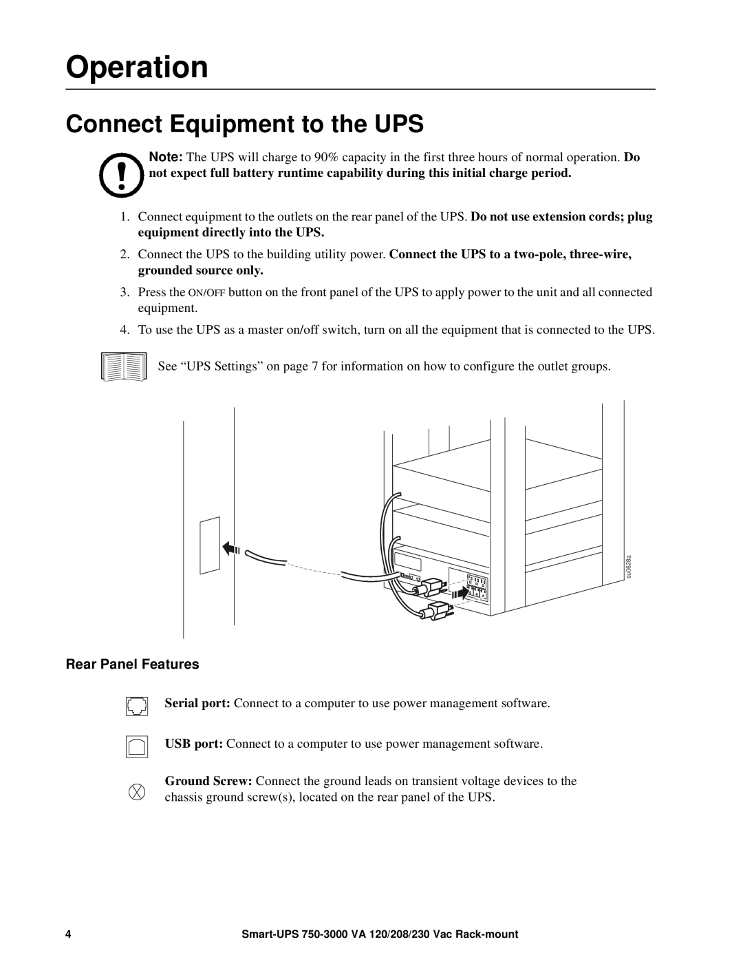 Schneider Electric 120, 230 VAC, 208 operation manual Operation, Connect Equipment to the UPS, Rear Panel Features 