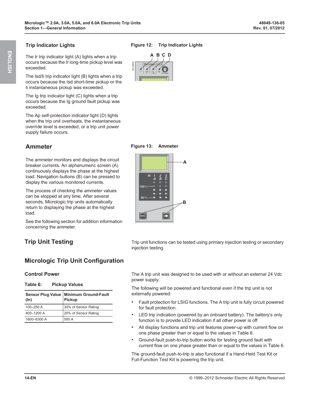 Schneider Electric 3.0A, 2.0A, 5.0A Ammeter, Trip Unit Testing, Micrologic Trip Unit Configuration, Trip Indicator Lights 