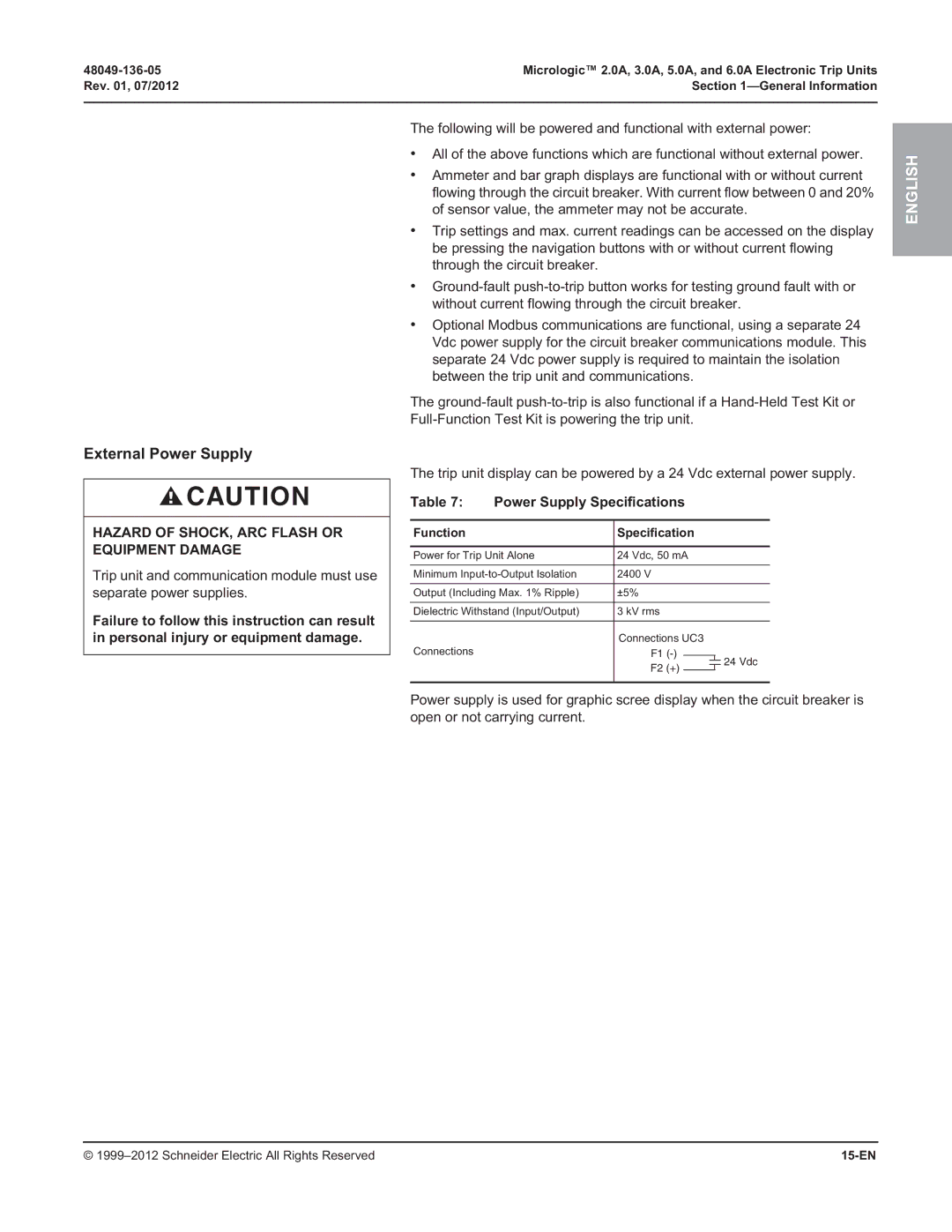 Schneider Electric 2.0A, 3.0A, and 6.0A, 5.0A manual External Power Supply, Function Specification, 15-EN 