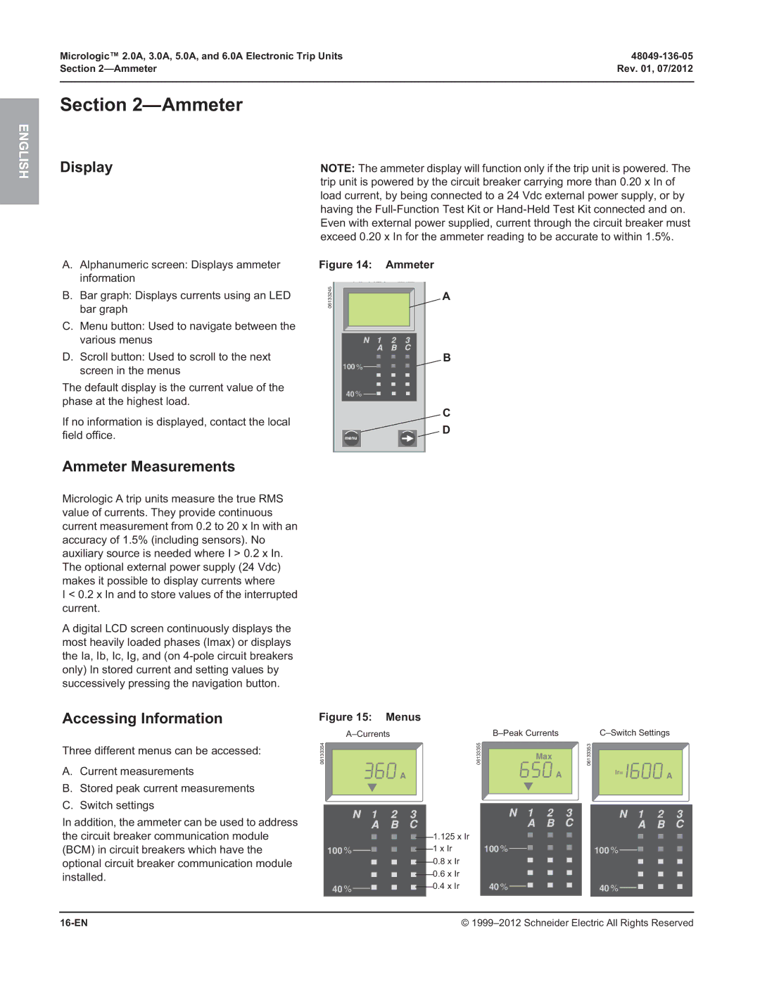 Schneider Electric and 6.0A, 3.0A, 2.0A, 5.0A manual Display, Ammeter Measurements, Accessing Information, 16-EN 