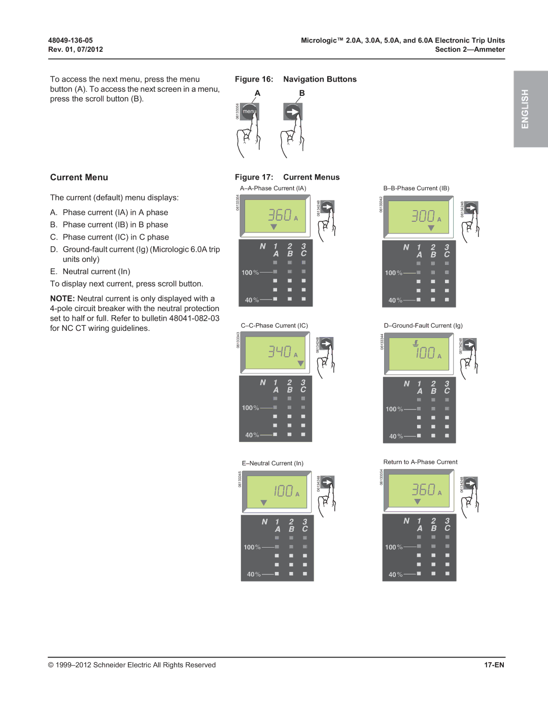 Schneider Electric 5.0A, 3.0A, 2.0A, and 6.0A manual Current Menus, Rev , 07/2012 Ammeter, 17-EN 