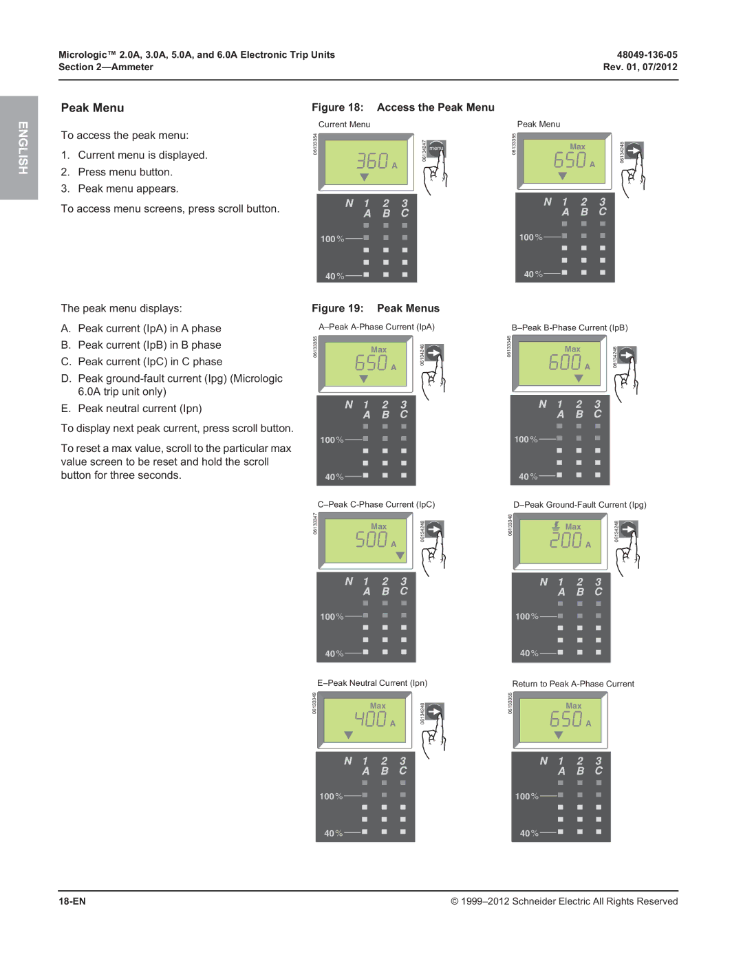 Schneider Electric 3.0A, 2.0A, and 6.0A, 5.0A manual Peak Menu, 18-EN 