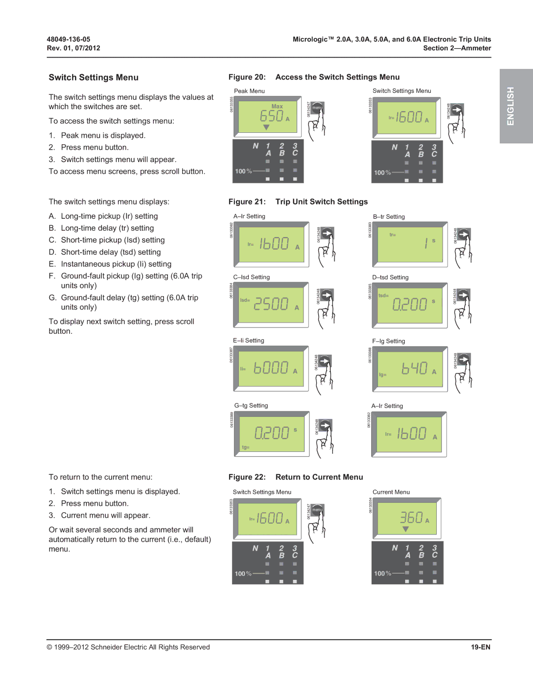 Schneider Electric 2.0A, 3.0A, and 6.0A, 5.0A manual Switch Settings Menu, Switch settings menu displays, 19-EN 