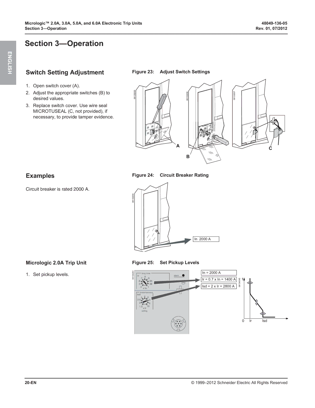 Schneider Electric and 6.0A, 3.0A, 2.0A, 5.0A manual Operation, Switch Setting Adjustment, Examples, Set pickup levels, 20-EN 