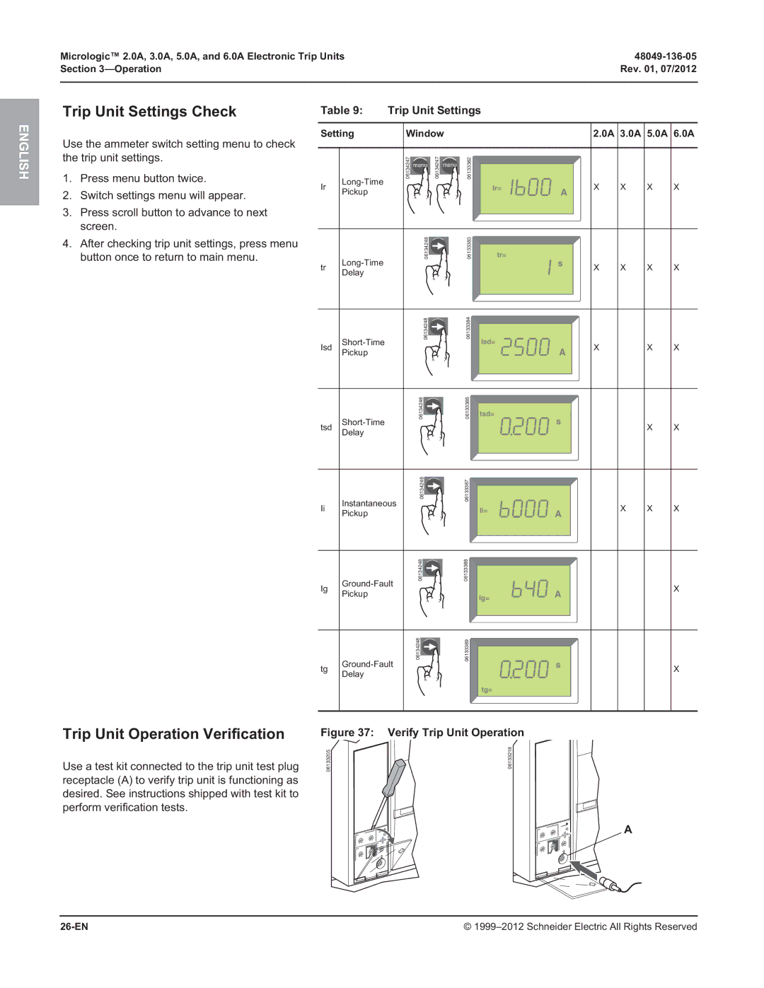 Schneider Electric 3.0A, 2.0A, and 6.0A, 5.0A manual Trip Unit Settings Check, Trip Unit Operation Verification, Screen 