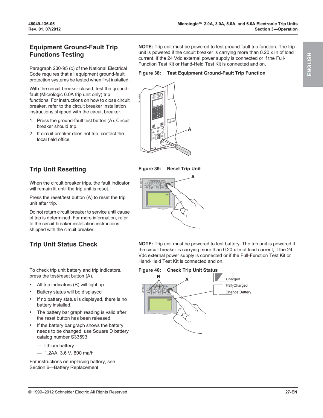 Schneider Electric 2.0A Equipment Ground-Fault Trip Functions Testing, Trip Unit Resetting, Trip Unit Status Check, 27-EN 