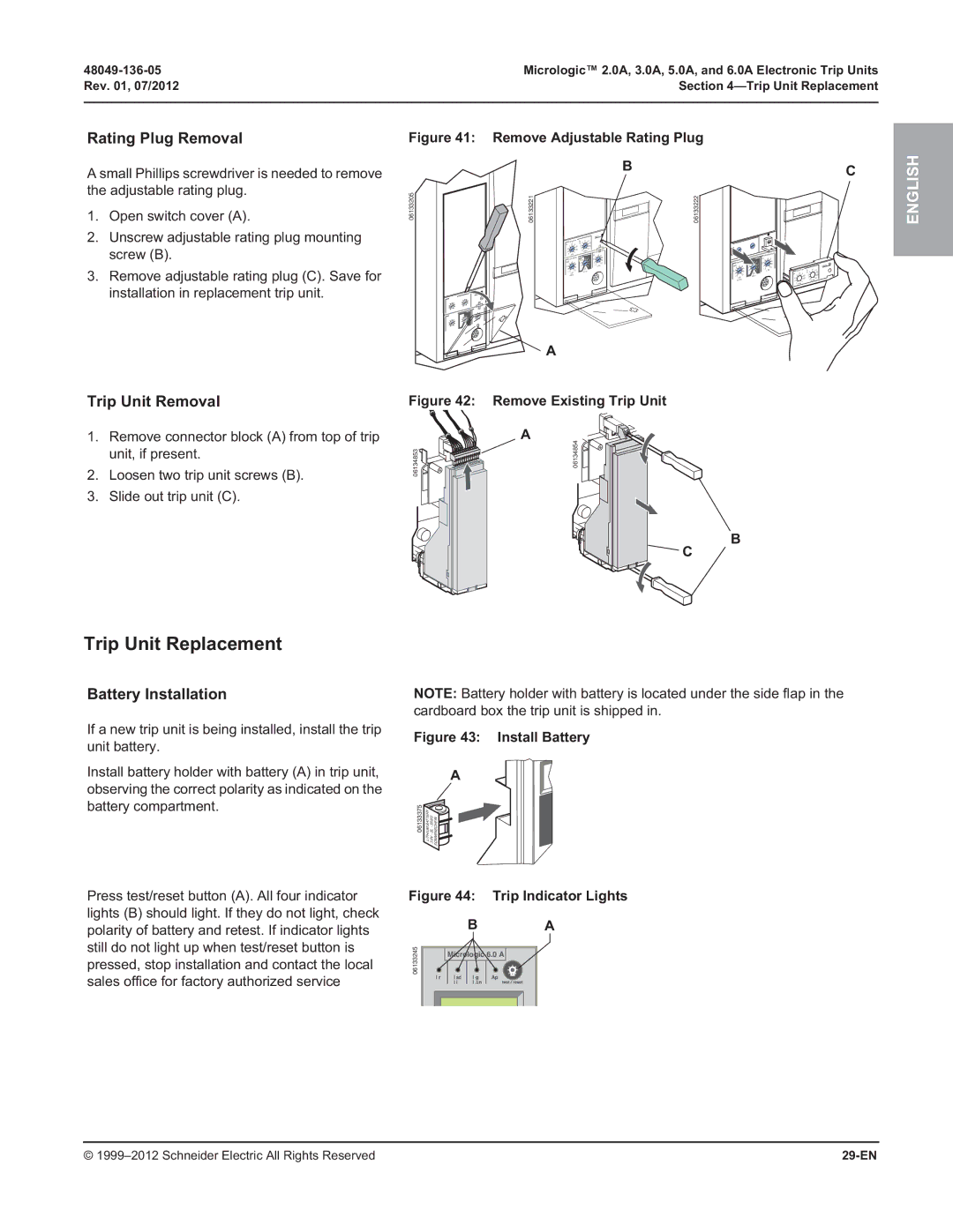 Schneider Electric 5.0A, 3.0A, 2.0A Trip Unit Replacement, Rating Plug Removal, Trip Unit Removal, Battery Installation 