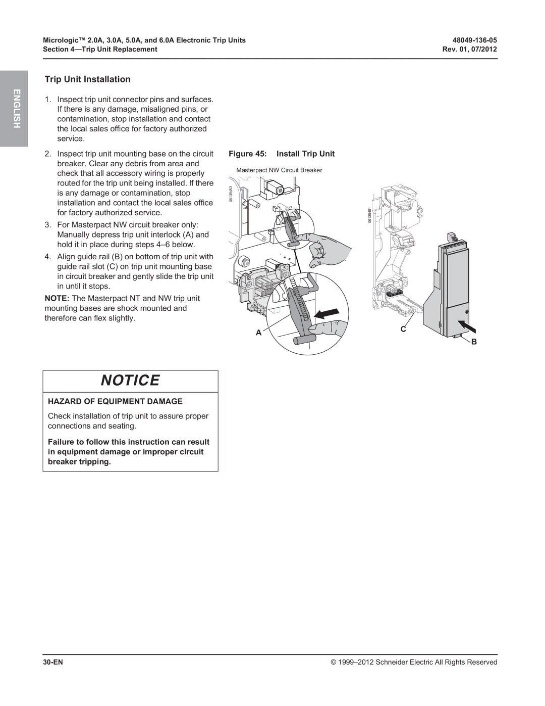 Schneider Electric 3.0A, 2.0A, and 6.0A, 5.0A manual Trip Unit Installation, 30-EN 