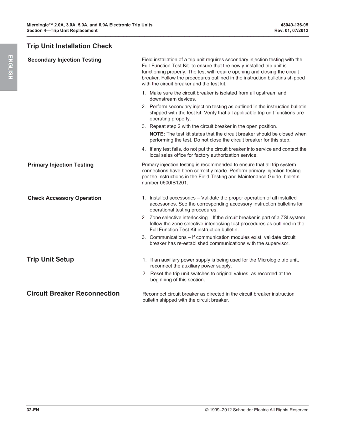 Schneider Electric and 6.0A, 3.0A, 2.0A Trip Unit Installation Check, Trip Unit Setup Circuit Breaker Reconnection, 32-EN 