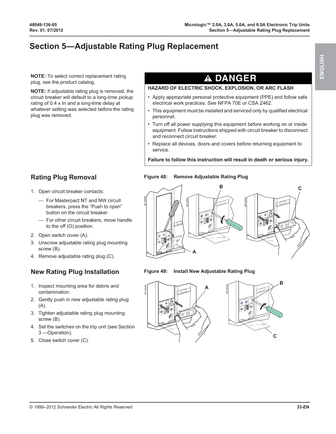 Schneider Electric 5.0A, 3.0A, 2.0A Adjustable Rating Plug Replacement, Rating Plug Removal, New Rating Plug Installation 