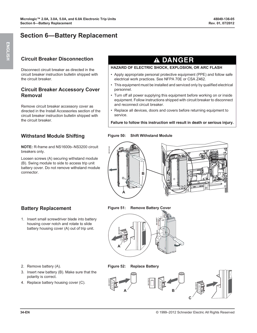 Schneider Electric 3.0A, 2.0A Battery Replacement, Circuit Breaker Disconnection, Circuit Breaker Accessory Cover Removal 