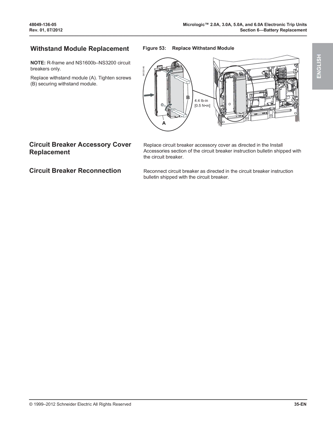 Schneider Electric 2.0A, 3.0A, and 6.0A, 5.0A manual Withstand Module Replacement, Rev , 07/2012 Battery Replacement, 35-EN 